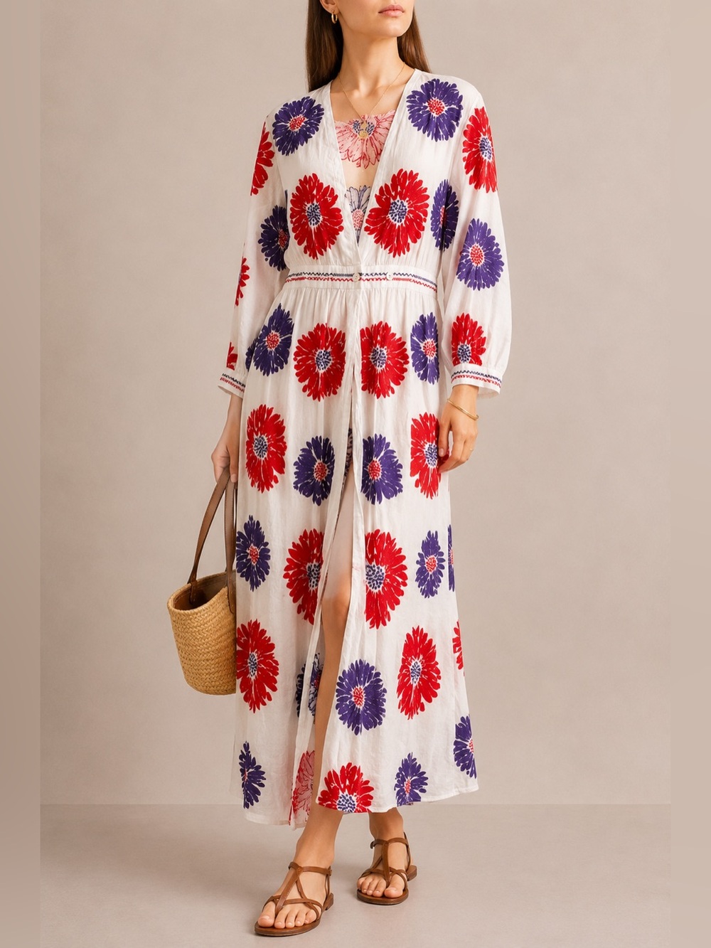 Anthropologie White Maxi Dress Coverup with Red & Purple Floral Print